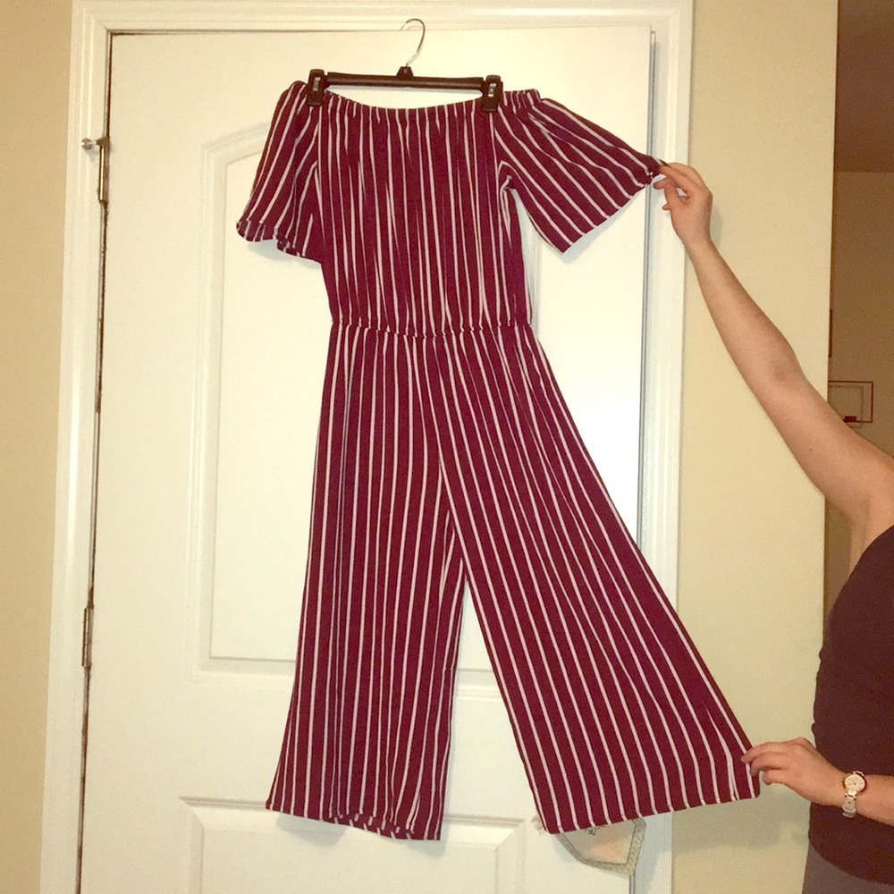 striped burgundy off the shoulder jumpsuit